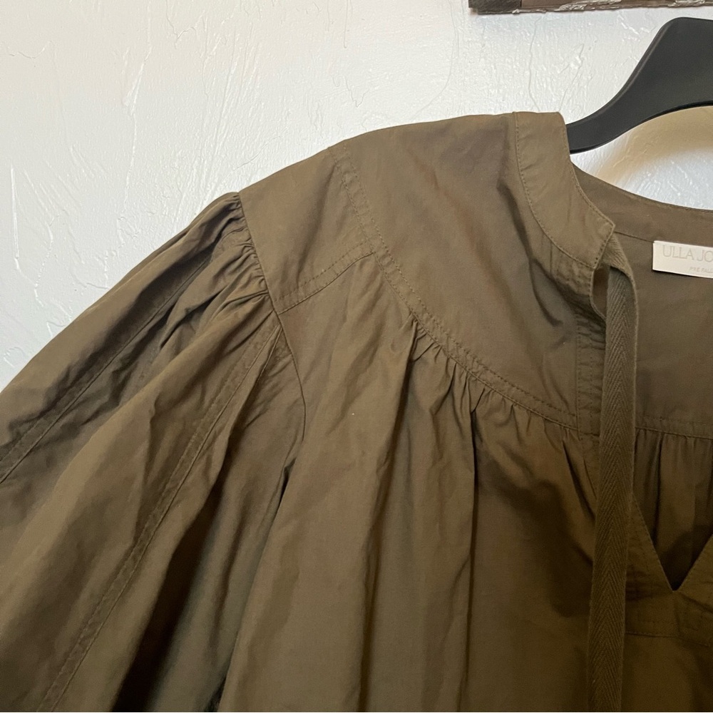 ULLA JOHNSON Delaney Balloon Sleeve Poplin Cotton Blouse in Olive Green Size 0 - Picture 7 of 14